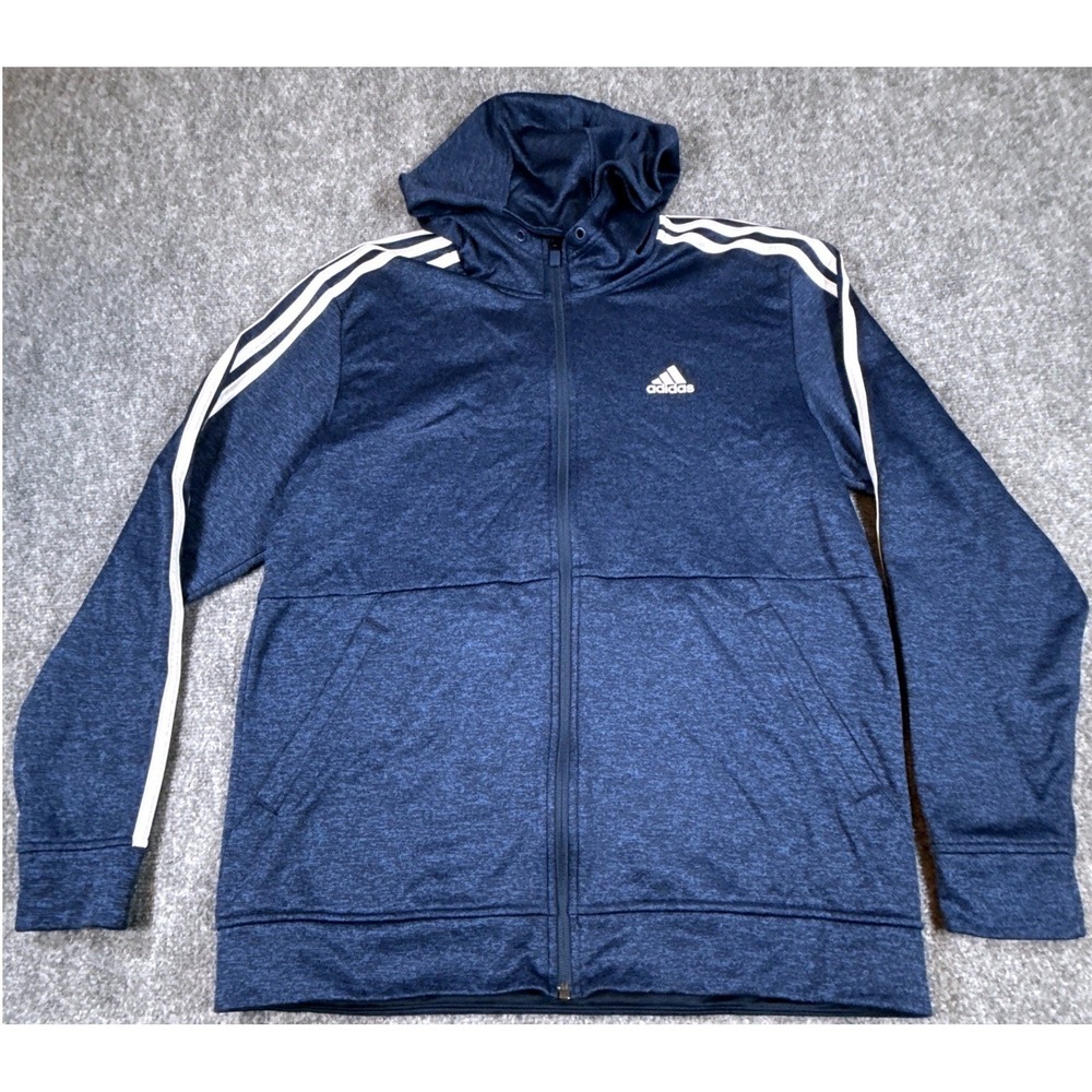 Adidas Mens Medium Full Zip Hoodie Navy Blue Heather 3-Stripe Fleece Jacket NWOT